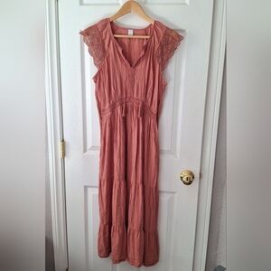 Old Navy Waist Defined Lace Sleeve Tiered Midi Dress Womens Sz M Peasant